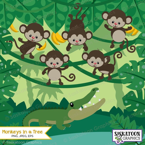 5 Kleine Affen schwingen im Baum Clip Art - Instant Download Datei - Digitale Grafiken - Produkt - Kommerzielle Nutzung - EPS, PNG, JPEG #S023