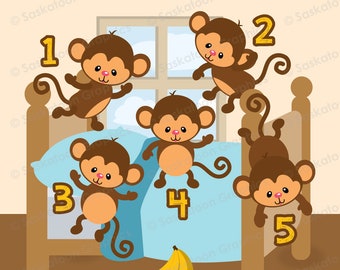 5 Little Monkeys Jumping on the Bed Clip Art Set - Instant Download File - Digital Graphics - Crafts - Commercial Use - EPS, PNG, JPEG #S018