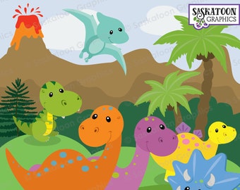 May include: A set of cute cartoon dinosaurs in a jungle setting. The dinosaurs are orange, purple, green, yellow, and blue. There is a volcano erupting in the background. The text "CUTE DINOSAURS PNG, JPEG, EPS Saskatoon Graphics" is at the bottom of the image.