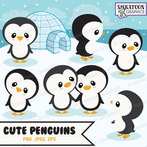 Può includere: Un set di sei simpatici pinguini di cartoni animati in varie pose, tra cui due pinguini che si tengono per mano. I pinguini sono neri e bianchi con becchi e piedi arancioni. Lo sfondo è azzurro chiaro con fiocchi di neve bianchi. Il testo "CUTE PENGUINS" è scritto su uno striscione nella parte inferiore dell'immagine. Il testo "PNG, JPEG, EPS" è scritto sotto lo striscione. Il testo "Saskatoon Graphics" è scritto nella parte inferiore dell'immagine.