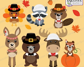 Cute Thanksgiving Woodland Animals Clip Art - Instant Download File - Crafts - Commercial Use - EPS, PNG, JPEG - Item #H013