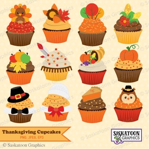 Cute Thanksgiving Cupcake Clip Art - Instant Download File - Digital Graphics - Product Art - Craft - Commercial Use - EPS, PNG, JPEG #H039