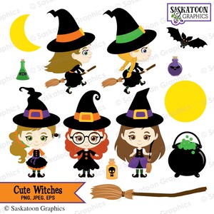 May include: A set of digital clip art featuring cute witches with black hats, brooms, and cauldrons. The witches are wearing colorful dresses and have different hair colors. The clip art is perfect for Halloween crafts and projects.