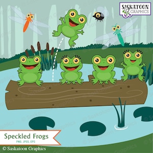 Five Green and Speckled Frogs Clip Art - Instant Download File - Digital Graphics Artwork - Crafts - Commercial Use - EPS, PNG, JPEG #S003