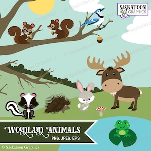 May include: A set of woodland animal illustrations featuring a blue jay, two squirrels, a moose, a rabbit, a skunk, a porcupine, and a frog on a lily pad. The illustrations are in a cartoon style and are perfect for use in children's books, crafts, or other creative projects.
