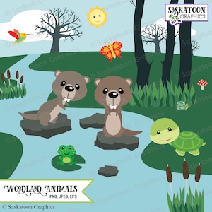 May include: Woodland animal clip art set featuring a brown beaver, a green frog, a green turtle, a butterfly, a hummingbird, and a sun. The animals are on a blue background with green grass and reeds.