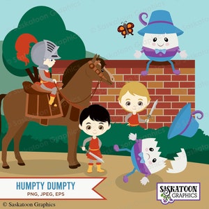 Può includere: Un set di illustrazioni con personaggi della filastrocca Humpty Dumpty. Le illustrazioni includono un cavaliere a cavallo, un ragazzo con una spada, un uovo rotto con un cappello e una farfalla.