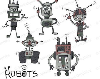 Hand Drawn Robot Characters Clip Art - Instant Download File - Digital Graphics - Product Artwork - Commercial Use - EPS, PNG, JPEG - #HD004