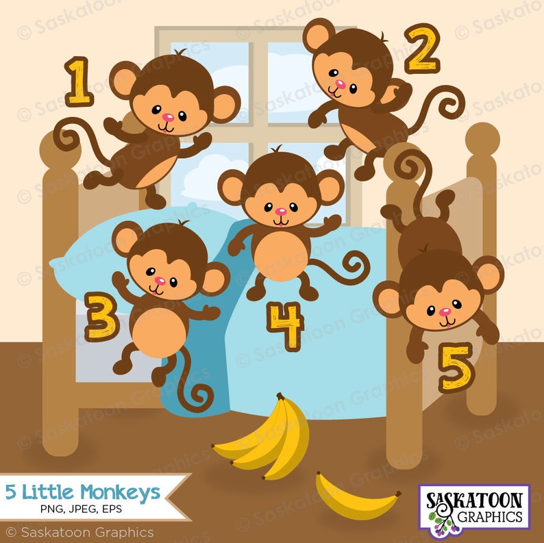 May include: Five brown monkeys with yellow numbers 1 through 5 are jumping off a brown bed with a blue blanket. The monkeys are jumping off the bed in descending order. There are three yellow bananas on the floor below the bed.