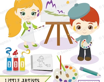 Little Boy Girl Artists Clip Art - Instant Download File - Digital Graphics - Product Artwork - Commercial Use - EPS, PNG, JPEG #P002