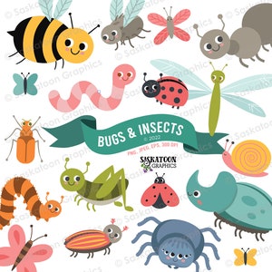 May include: A set of colorful cartoon illustrations of various bugs and insects, including a bee, ladybug, worm, ant, butterfly, dragonfly, snail, grasshopper, spider, and beetle. The illustrations are in a bright, cheerful style and are perfect for use in children's books, educational materials, or craft projects.