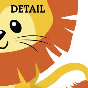 May include: A cartoon illustration of a lion with a yellow face, orange mane, and a yellow tail. The lion has black eyes, a black nose, and a small, white mouth with two teeth. The text "DETAIL" is written in black letters above the lion's head.