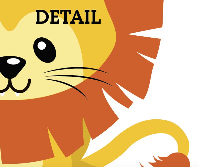 May include: A cartoon illustration of a lion with a yellow face, orange mane, and a yellow tail. The lion has black eyes, a black nose, and a small, white mouth with two teeth. The text "DETAIL" is written in black letters above the lion's head.