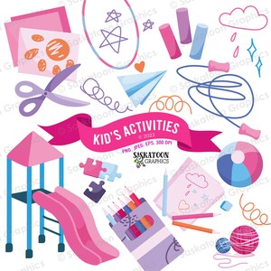 May include: A set of colorful illustrations depicting various kid's activities, including a slide, a swing set, a jump rope, a ball, crayons, a paper airplane, a puzzle, and a cloud with raindrops. The text "KID'S ACTIVITIES" is written in a pink banner.
