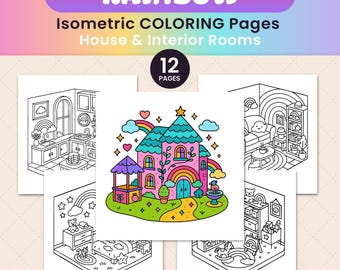 Rainbow House Coloring Pages | Cute Isometric House Rooms | Interior Scenes | Instant Digital Download | 12 Coloring Pages | PDF | PNG