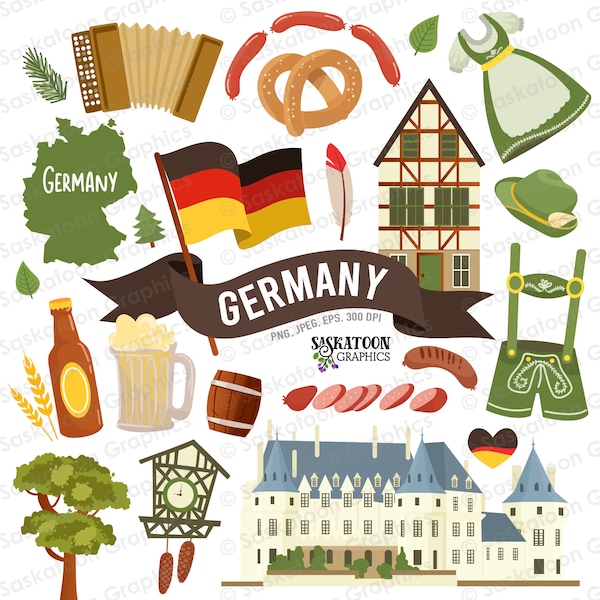 Germany Travel Clip Art - German Flag - European Continent World - Country Outline Map - Instant Digital Download - EPS, PNG, JPEG #T015