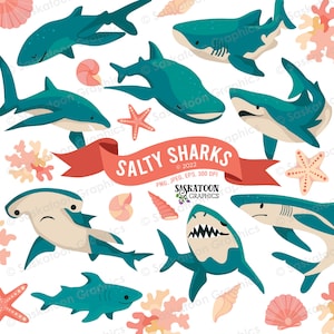 Salty Sharks Clip Art - Ocean Animals - Instant Download File - Digital Graphics - Product Artwork - Commercial Use - EPS, PNG, JPEG - #A038