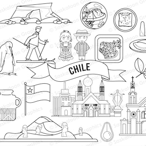 May include: A black and white line drawing illustration of various icons representing Chile. The icons include a map of Chile, a penguin, a skier, a woman and man in traditional clothing, a church, a flag, a jar, a mountain, an avocado, a pastry, a rose, and a hand.
