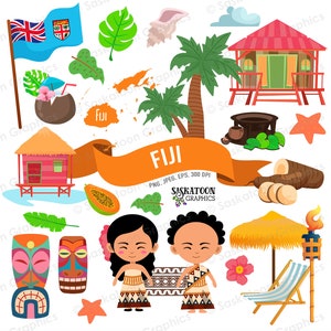 Fiji reizen illustraties - vlag - Oceanië continent wereld - Polynesië land overzichtskaart - Instant Digitale Download - EPS, PNG, JPEG #T030