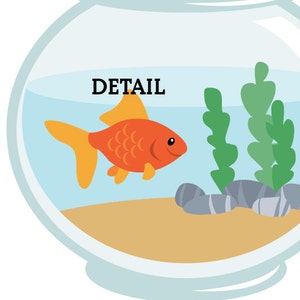 May include: A glass fishbowl with a bright orange goldfish swimming inside. The bowl also contains green plants and gray rocks at the bottom. The word "DETAIL" is written in black at the top of the bowl.