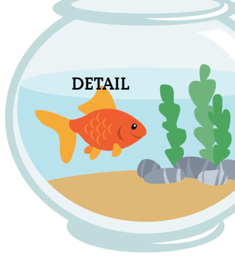 May include: A glass fishbowl with a bright orange goldfish swimming inside. The bowl also contains green plants and gray rocks at the bottom. The word "DETAIL" is written in black at the top of the bowl.