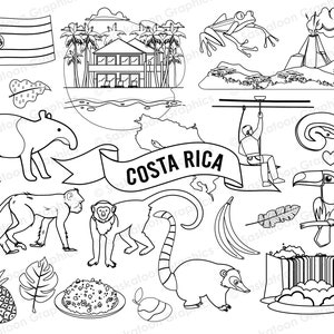Costa Rica reizen lijntekeningen - vlag - continent wereld - Zuid-Amerikaanse land overzichtskaart - Instant Digitale Download - EPS, PNG, JPEG #T039