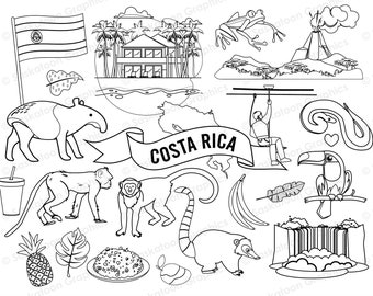 Costa Rica Travel Line Art - Flag - Continent World - South American Country Outline Map - Instant Digital Download - EPS, PNG, JPEG #T039