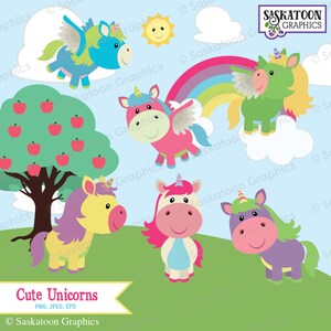 May include: A collection of cartoon unicorns in various colors, including blue, pink, yellow, green, and purple. Some unicorns have wings and are flying. A rainbow, sun, and apple tree are also featured. The text "Cute Unicorns" is displayed.