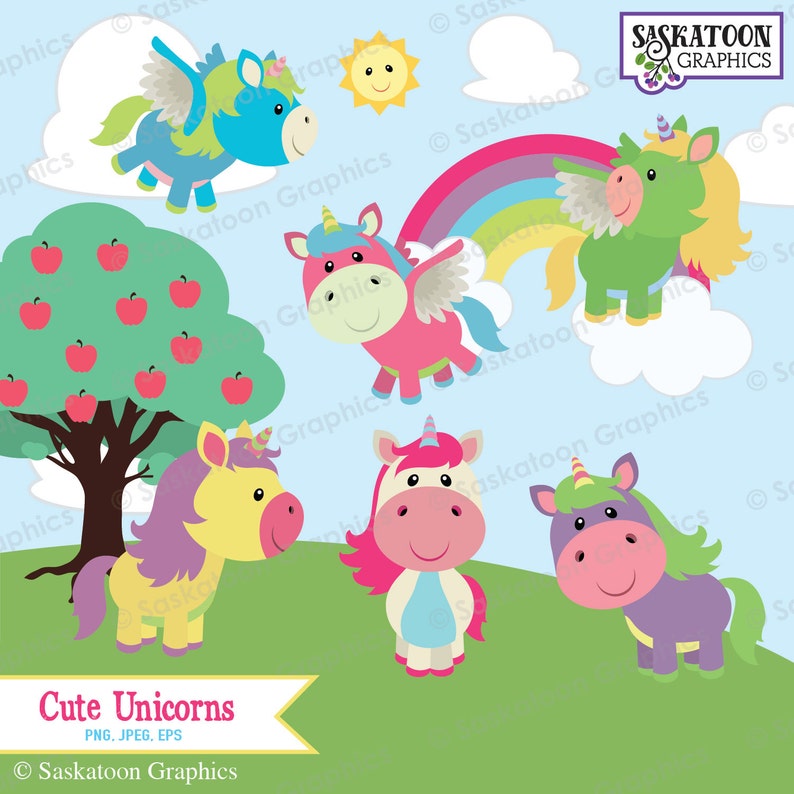 May include: A collection of cartoon unicorns in various colors, including blue, pink, yellow, green, and purple. Some unicorns have wings and are flying. A rainbow, sun, and apple tree are also featured. The text "Cute Unicorns" is displayed.