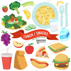 May include: A set of colorful lunch and snack illustrations, including a red apple, a green salad, a hot dog, a hamburger, a pizza slice, a sandwich, a glass of milk, a carton of milk, a juice box, a brown paper bag, a bunch of grapes, a broccoli floret, a lemon wedge, two cucumber slices, a bowl of macaroni and cheese, a fork and knife, and a red ribbon with the text "LUNCH/SNACKS © 2022 PNG, JPEG, EPS, 300 DPI SASKATOON GRAPHICS".