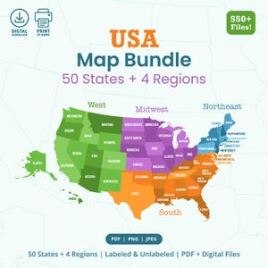 May include: A colorful map of the USA, divided into 50 states and 4 regions, labeled with state names. The map is part of a digital bundle with over 550 files, available in PDF, PNG, and JPEG formats. The map includes the text "USA Map Bundle".