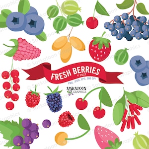 May include: A collection of fresh berries, including strawberries, raspberries, blueberries, cherries, gooseberries, and blackberries. The berries are arranged in a colorful and appetizing display, with a red ribbon banner that reads "FRESH BERRIES" and the text "PNG, JPEG, EPS, 300 DPI" and "SASKATOON GRAPHICS".