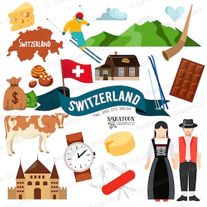 Imágenes prediseñadas de viaje de Suiza - Bandera - Continente europeo - Mapa del mundo - Descarga digital instantánea - EPS, PNG, JPEG #T029