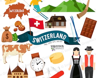 Switzerland Travel Clip Art - Flag - European Continent World - Country Outline Map - Instant Digital Download - EPS, PNG, JPEG #T029