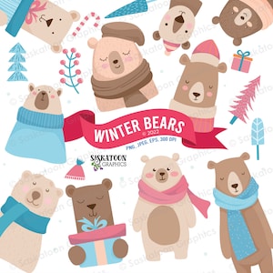 May include: A set of ten digital illustrations of winter bears wearing scarves and hats. The bears are in various poses and expressions. The illustrations are in a cartoon style and are perfect for use in digital scrapbooking, card making, and other craft projects.