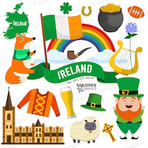 Irland Reise Clip Art - Irische Flagge - Kontinent Welt - Europäische Länderkarte - Sofortiger digitaler Download - EPS, PNG, JPEG #T032