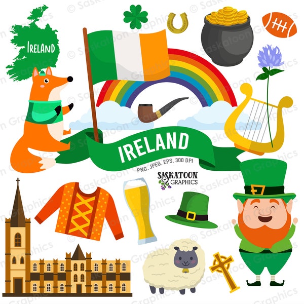 Ireland Travel Clip Art - Irish Flag - Continent World - European Country Outline Map - Instant Digital Download - EPS, PNG, JPEG #T032