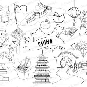Arte lineal de viajes a China - Bandera china - Continente asiático, país, cultura mundial - Descarga digital instantánea - Uso comercial - EPS, PNG, JPEG #T038