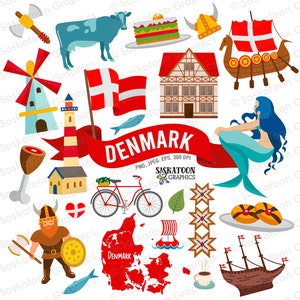 Imágenes prediseñadas de viaje de Dinamarca - Bandera danesa - Continente europeo - Mapa del mundo - Descarga digital instantánea - EPS, PNG, JPEG #T018