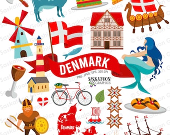 Denmark Travel Clip Art - Danish Flag - European Continent World - Country Outline Map - Instant Digital Download - EPS, PNG, JPEG #T018