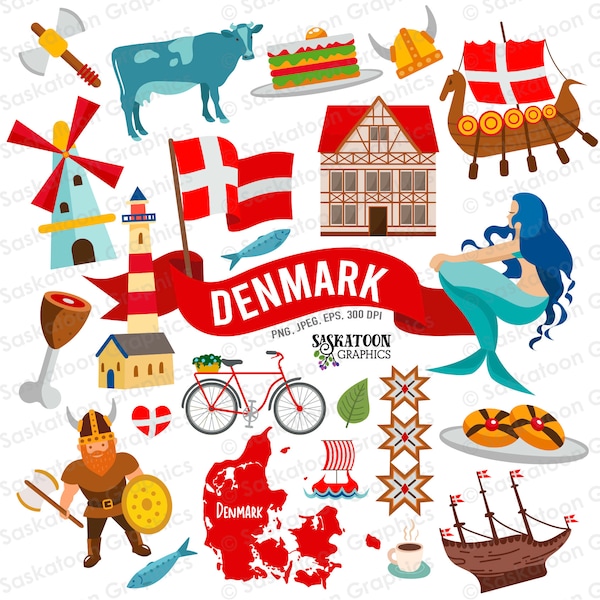 Denmark Travel Clip Art - Danish Flag - European Continent World - Country Outline Map - Instant Digital Download - EPS, PNG, JPEG #T018