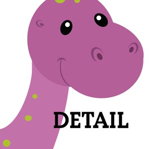 May include: A purple dinosaur with green spots and big eyes. The dinosaur is smiling and the word "DETAIL" is written below it.