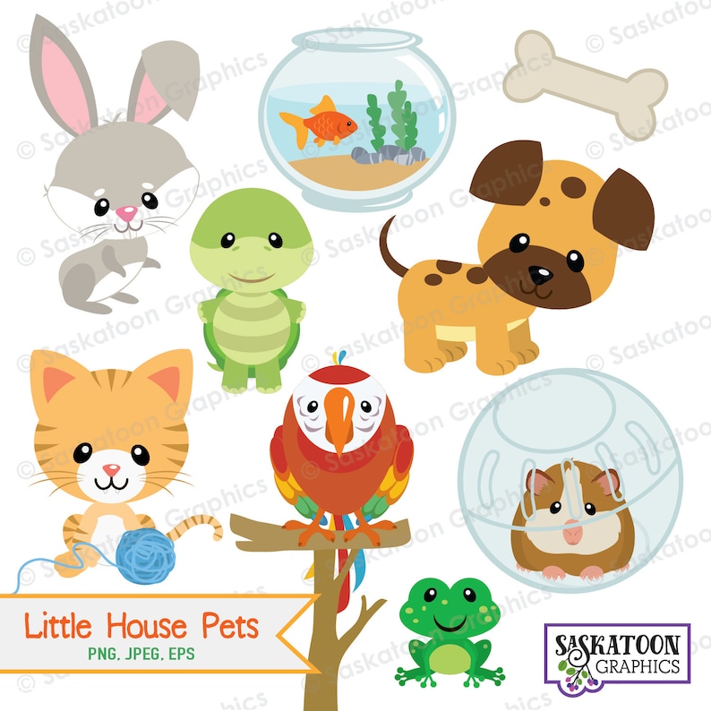 May include: A set of cute cartoon animal illustrations featuring a cat, dog, rabbit, turtle, parrot, frog, goldfish, and hamster. The animals are all in different poses and have different expressions. The illustrations are perfect for use in children's books, websites, or other projects.