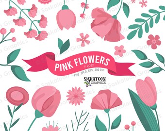 Pink Flowers Clip Art - Instant Download File -  Digital Graphics - Product Artwork - Crafts - Commercial Use - EPS, PNG, JPEG - Item #N010