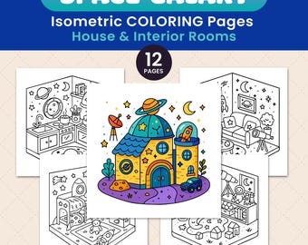 Outer Space Galaxy Coloring Pages | Cute Isometric House Rooms | Interior Scenes | Instant Digital Download | 12 Coloring Pages | PDF | PNG