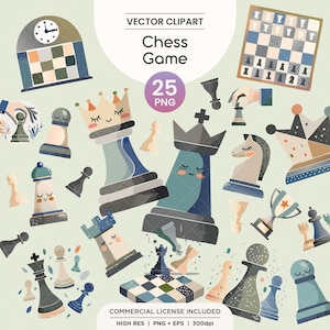 Chess Clipart | Cute Chess Pieces PNG Bundle | King, Queen, Rook, Knight, Pawn, Bishop, Board & Trophy Digital Download | PNG | EPS