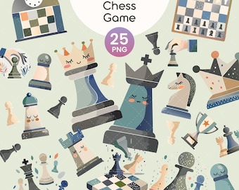 Chess Clipart | Cute Chess Pieces PNG Bundle | King, Queen, Rook, Knight, Pawn, Bishop, Board & Trophy Digital Download | PNG | EPS