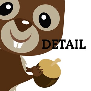 May include: A cartoon illustration of a brown squirrel holding a brown acorn with a light brown cap. The squirrel has large black eyes and a big smile. The text "DETAIL" is written in black letters on a white background.