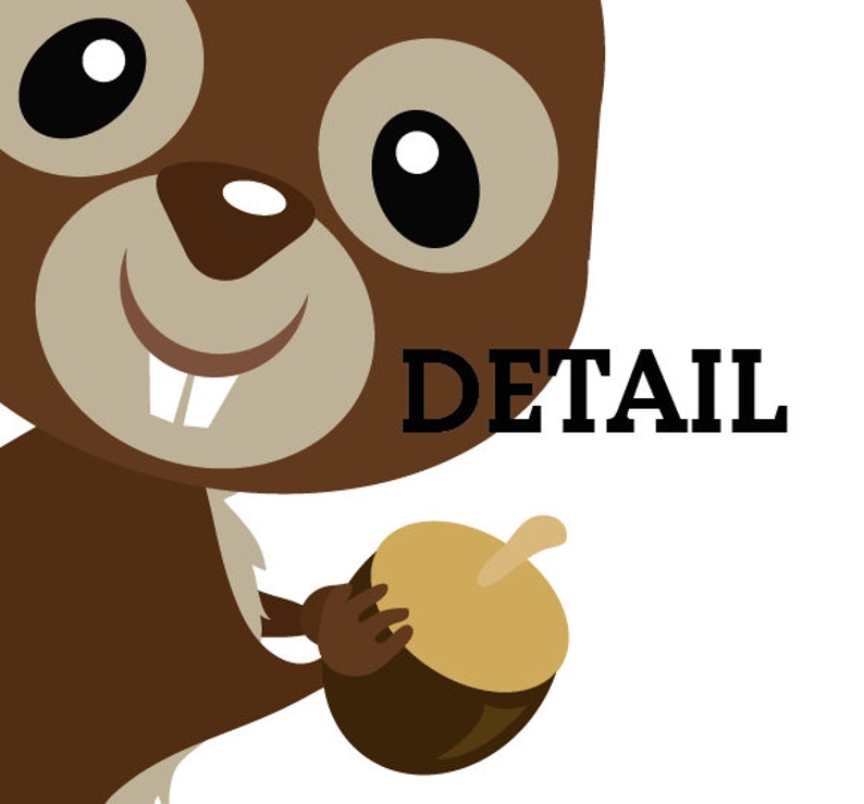May include: A cartoon illustration of a brown squirrel holding a brown acorn with a light brown cap. The squirrel has large black eyes and a big smile. The text "DETAIL" is written in black letters on a white background.
