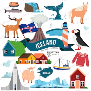 Imágenes prediseñadas de viaje a Islandia - Bandera de Islandia - Continente europeo - Mapa del mundo - Descarga digital instantánea - EPS, PNG, JPEG #T027